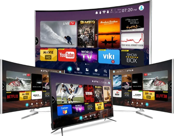 Multiple smart TVs displaying IPTV streaming apps, live TV, movies, and sports content.
